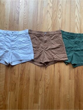 J. Crew High-Waist Shorts Trio — Light Khaki, Brown & Forest Green